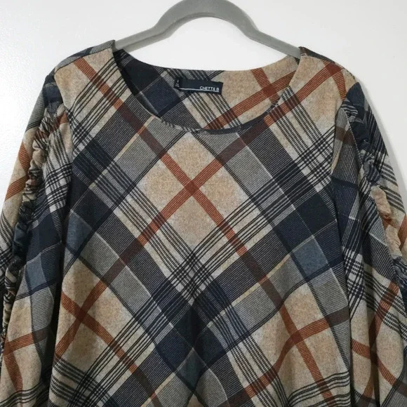 CHETTA B Bias Plaid 3/4 Sleeve Mini Knit Dress, Ruffle Details, Size M - Picture 4 of 15